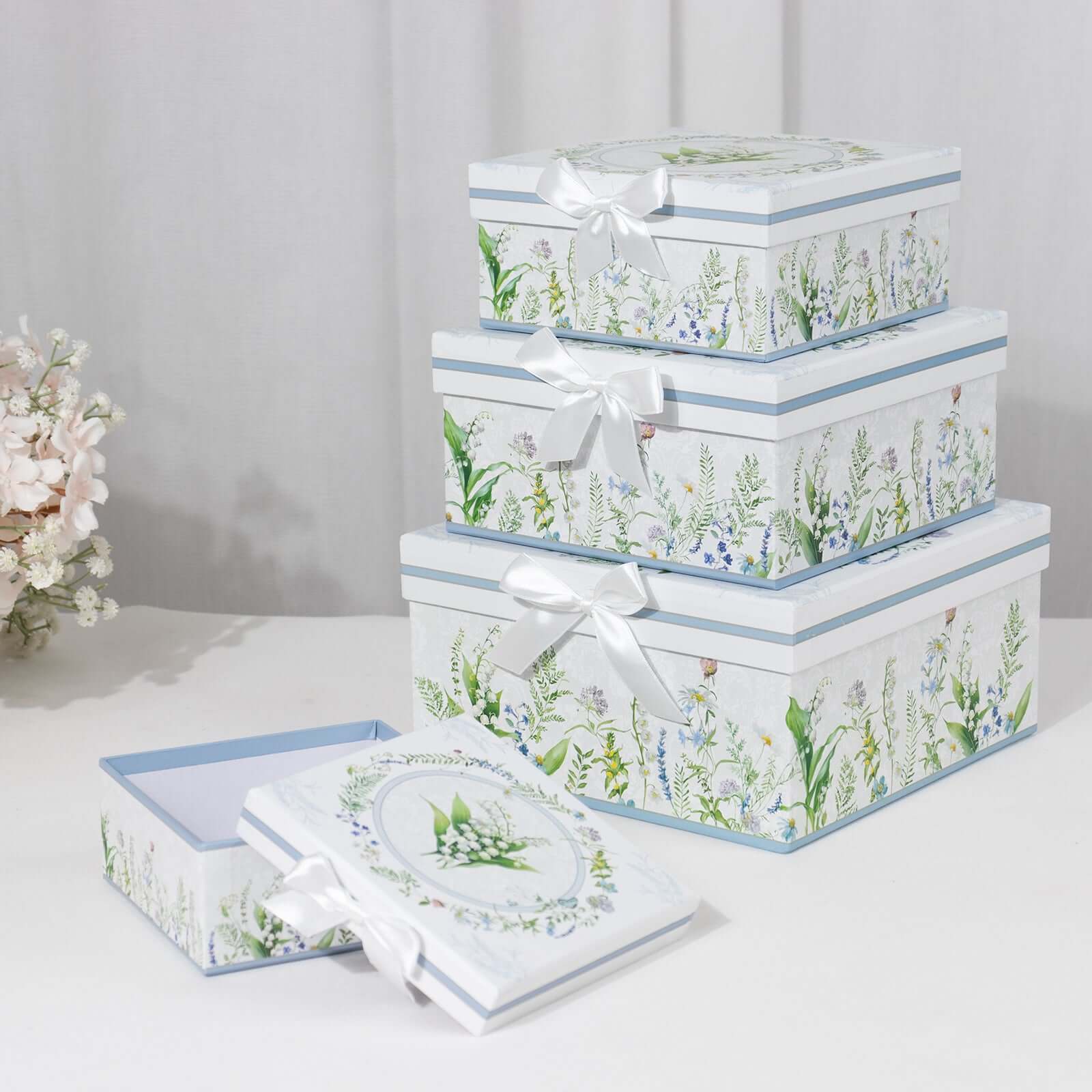 Set of 4 Cardstock Square Nesting Gift Boxes White Green Floral Design - Decorative Heavy Duty Stackable Keepsake Boxes With Lids for Presents Storage & Pedestal Stand 6",7",8",9"