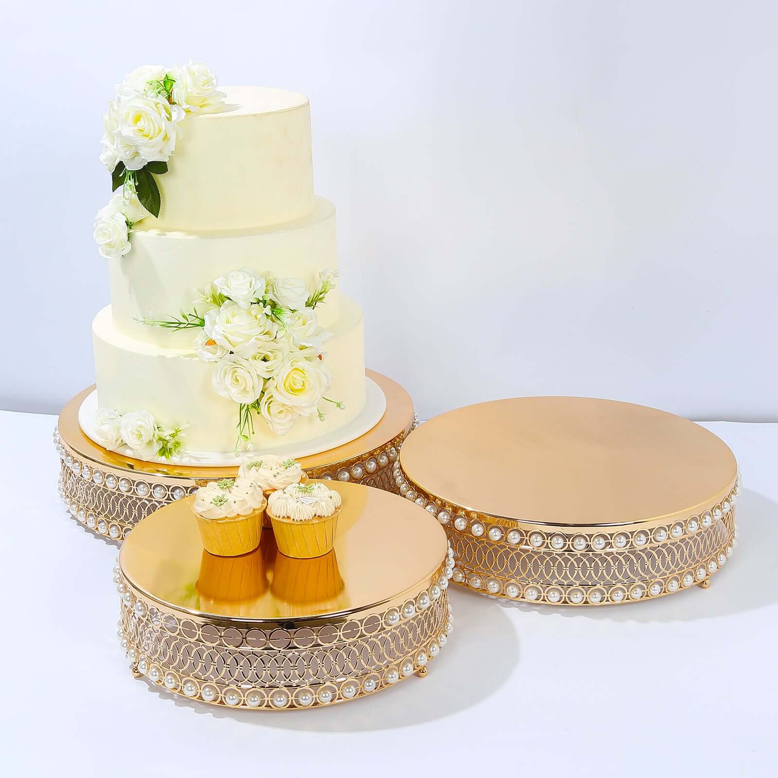 Set of 3 Cake Stands Round Design with Mirror Top Gold - Pearl Beaded Stackable Cupcake Holders Metal 12", 14", 16"