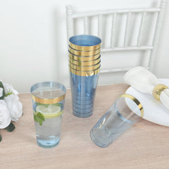 12-Pack Plastic Party Cups Transparent Dusty Blue with Gold Rim - Durable Disposable Tumblers for Drinks 17oz 5.5"