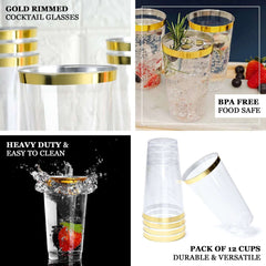 12-Pack Plastic Party Cups Clear with Gold Rim - Durable Disposable Tumblers for Drinks 17oz 5.5"