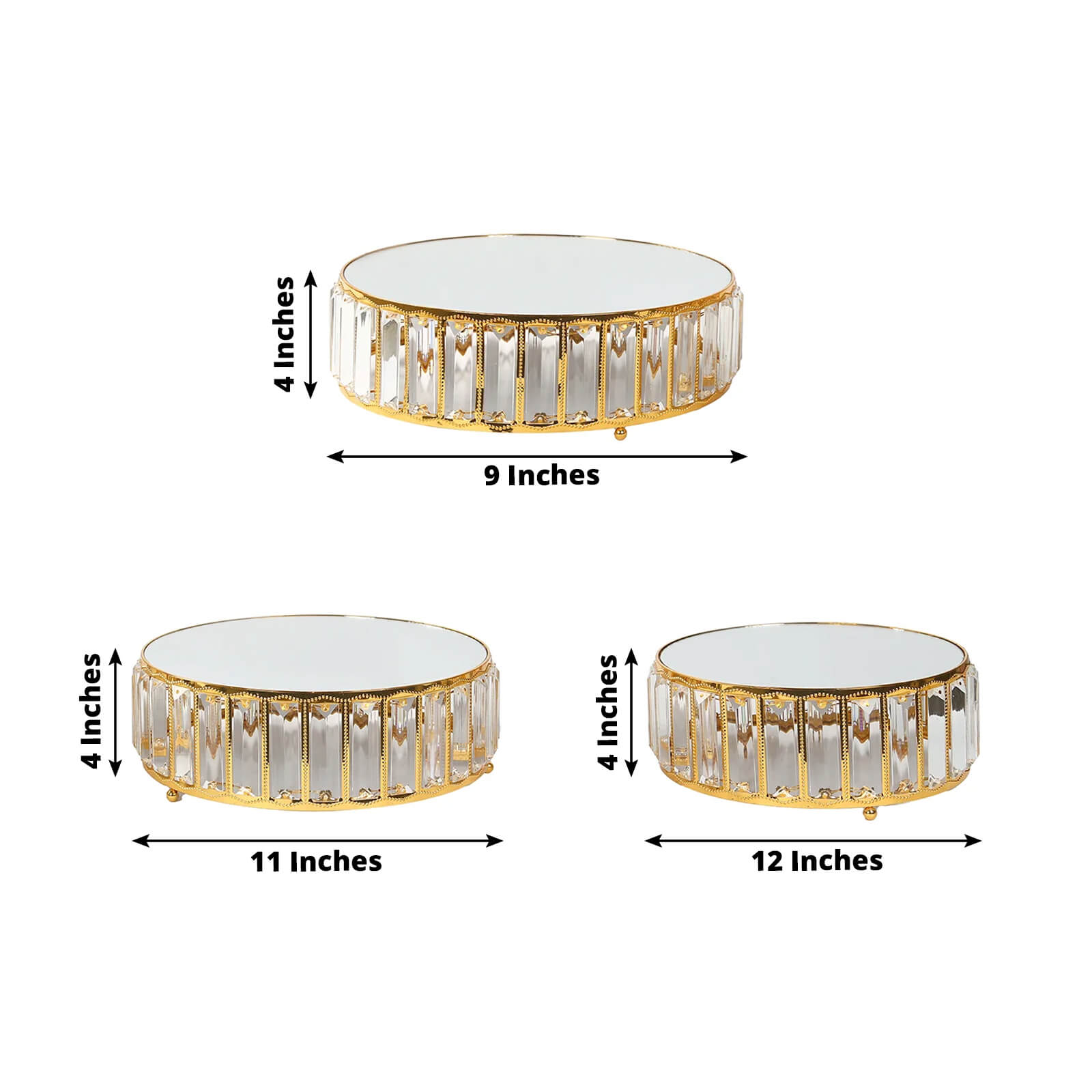 Set of 3 Gold Metal Crystal Pendant Cake Stands with Mirror Top, Stackable Round Dessert Display Trays - 9",11",12"