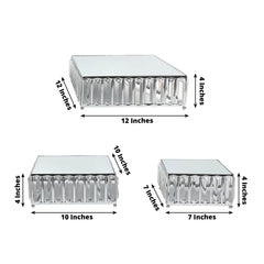 Set of 3 Silver Metal Crystal Pendant Cake Stands with Mirror Top, Stackable Square Dessert Display Trays - 7",10",12"