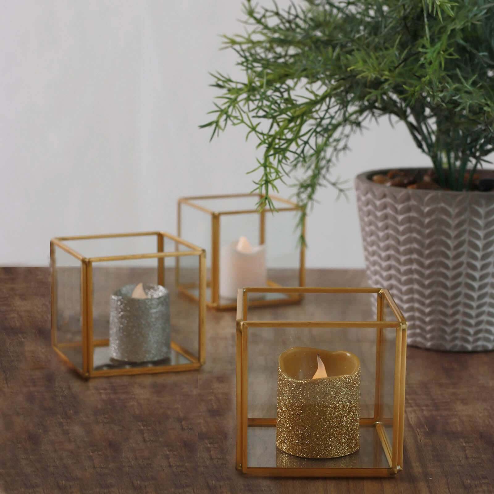 3-Pack Glass Tealight Votive Candle Holders Square Cube Design Clear with Gold Metal Frame - Stackable 3"