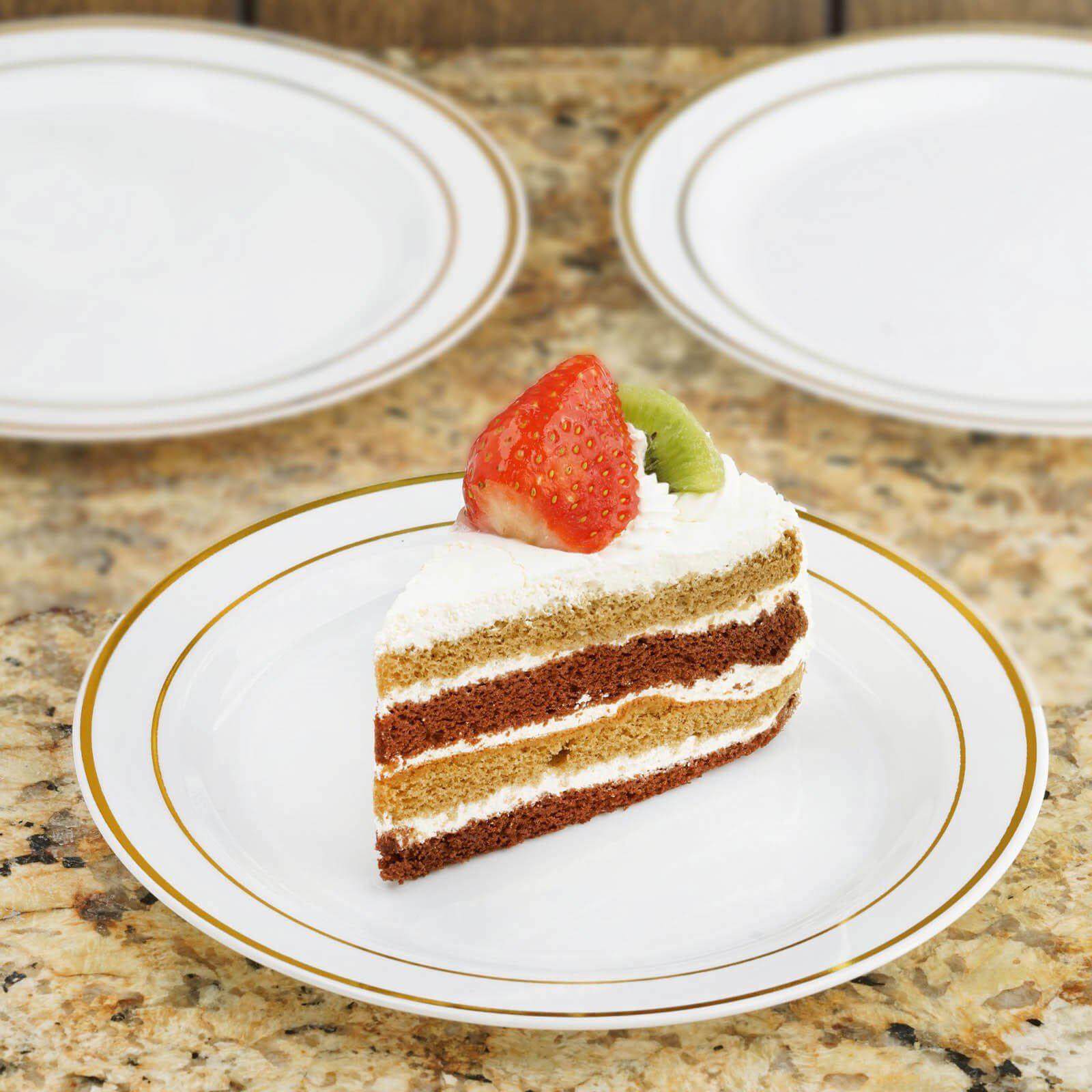 10-Pack Plastic Dessert Plates White with Très Chic Gold Rim - Disposable Plates for Parties 8"
