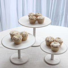Set of 3 Wooden Pedestal Cake Stands Whitewash with Round Beaded Rim Trays - Stackable Rustic Cupcake Display 8", 10", 12"