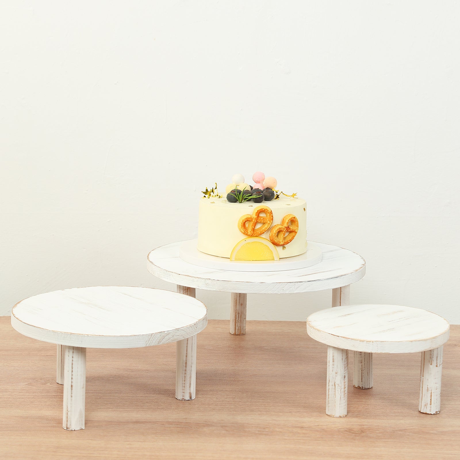 Set of 3 Wooden Pedestal Cake Stands Whitewash with Removable Legs - Stackable Round Rustic Plant Risers 7", 9.5", 12"