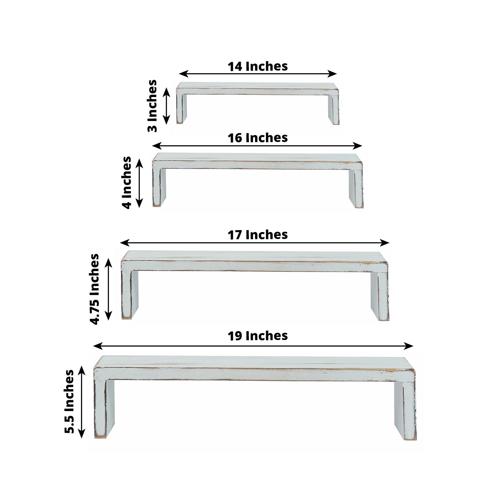 Set of 4 Wooden Display Risers Whitewash Rectangular Bench Style - Stackable Rustic Farmhouse Nesting Stands 14", 16", 17", 19"