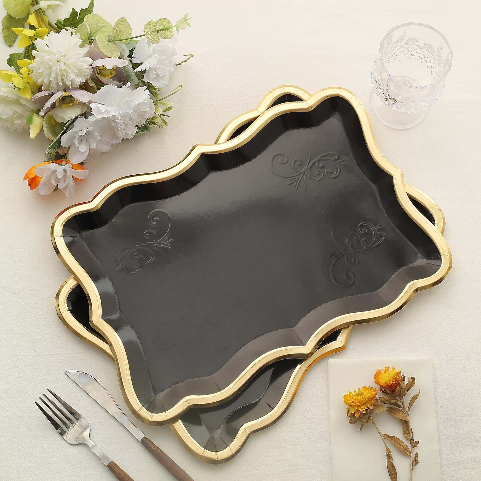 10-Pack Paper 14"x10" Rectangle Serving Trays Black - Heavy Duty Disposable 400GSM Cardboard Party Platters with Exquisite Gold Rim for Weddings & Parties