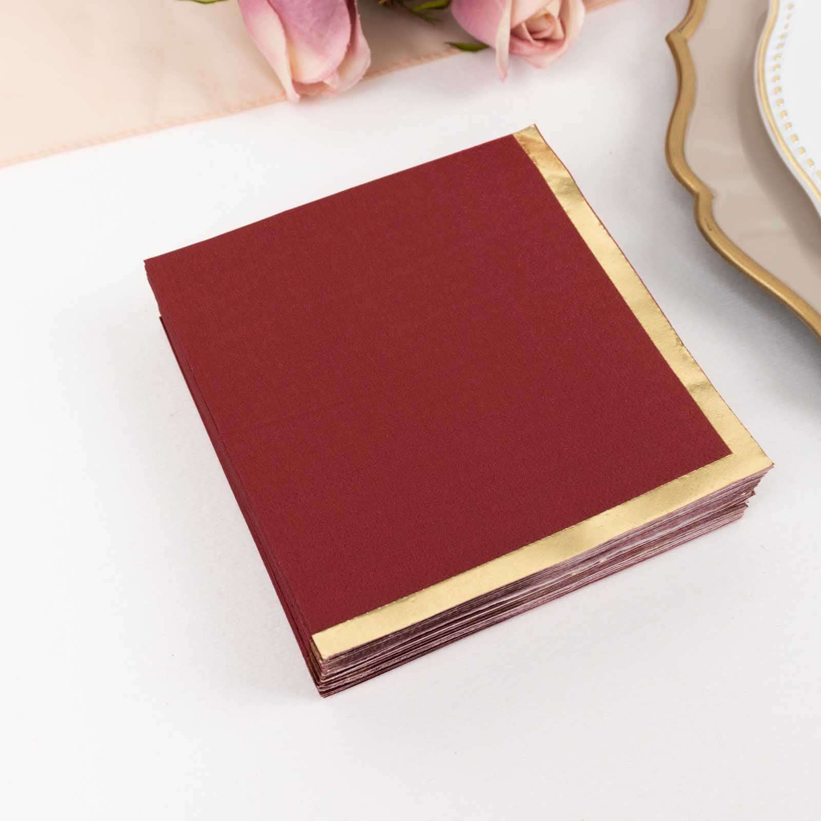 50-Pack Paper Beverage Napkins Burgundy with Gold Foil Edge - 2 Ply Disposable Soft 18GSM Cocktail Napkins 5"x5"