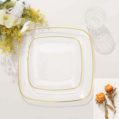 10-Pack Plastic 10" Square Dinner Plates in Clear with Gold Rim - Classy Disposable Lunch Party Plates