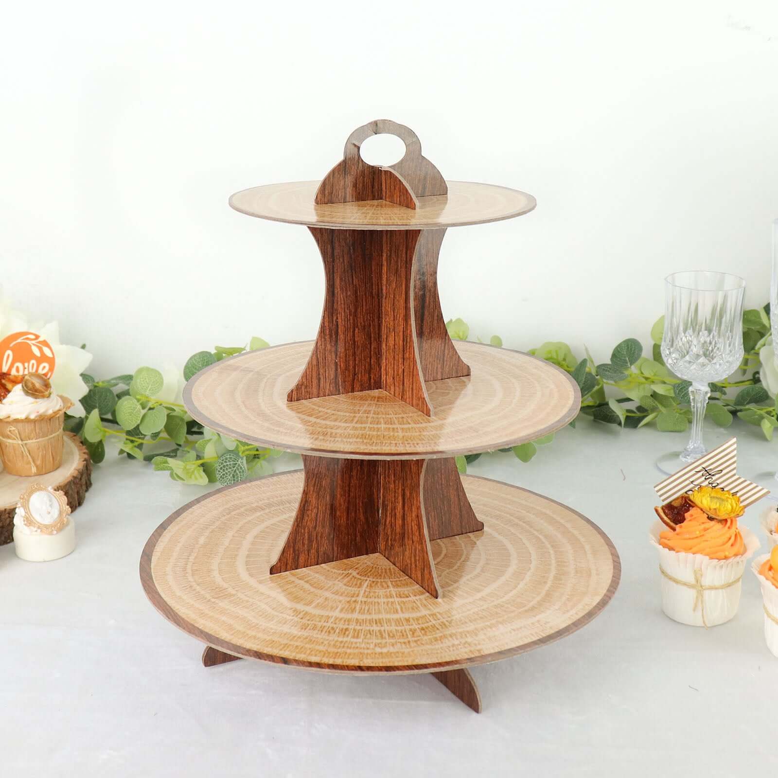 3-Tier Cardboard Cupcake Stand Natural Wood Plank Print - Reusable Dessert Table Display Tower for Classy Birthday Wedding Party Decoration 14"