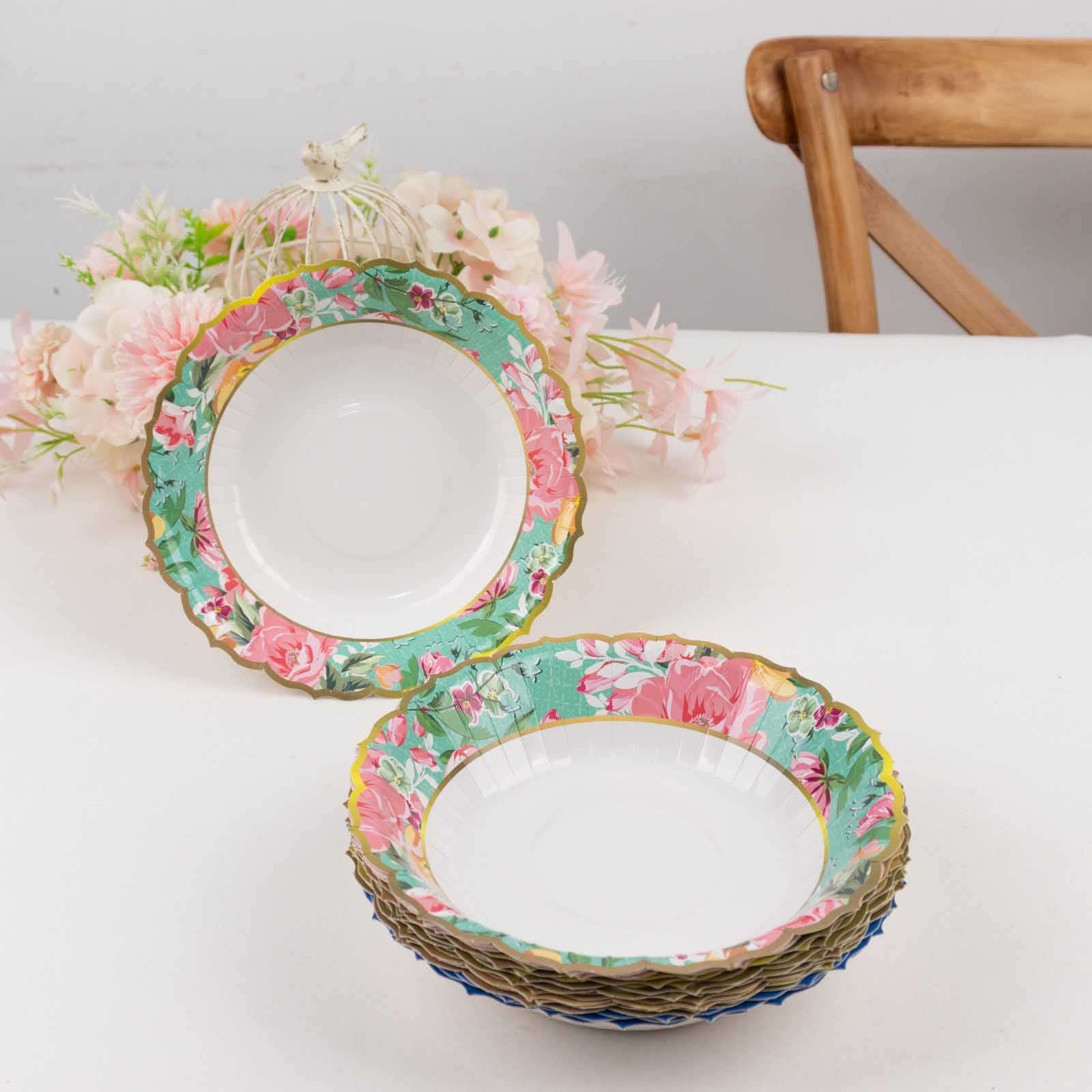 24-Pack Paper Dessert Bowls Vintage Mixed Floral Design Round - Ideal for Parties and Salads 7" 300 GSM