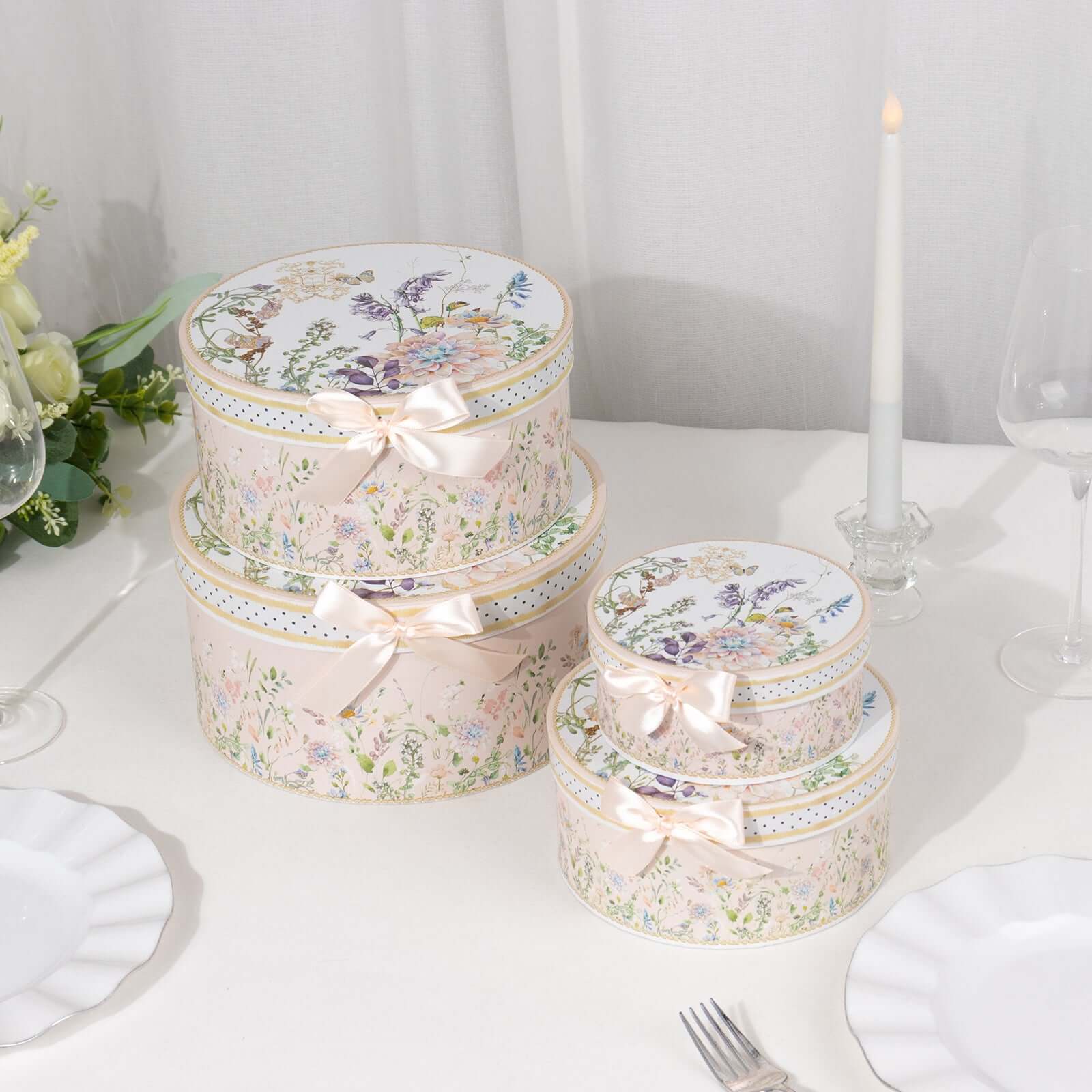 Set of 4 Cardstock Round Nesting Gift Boxes Blush Floral Design - Decorative Heavy Duty Stackable Keepsake Boxes With Lids for Presents Storage & Pedestal Stand 5",7",8",9"
