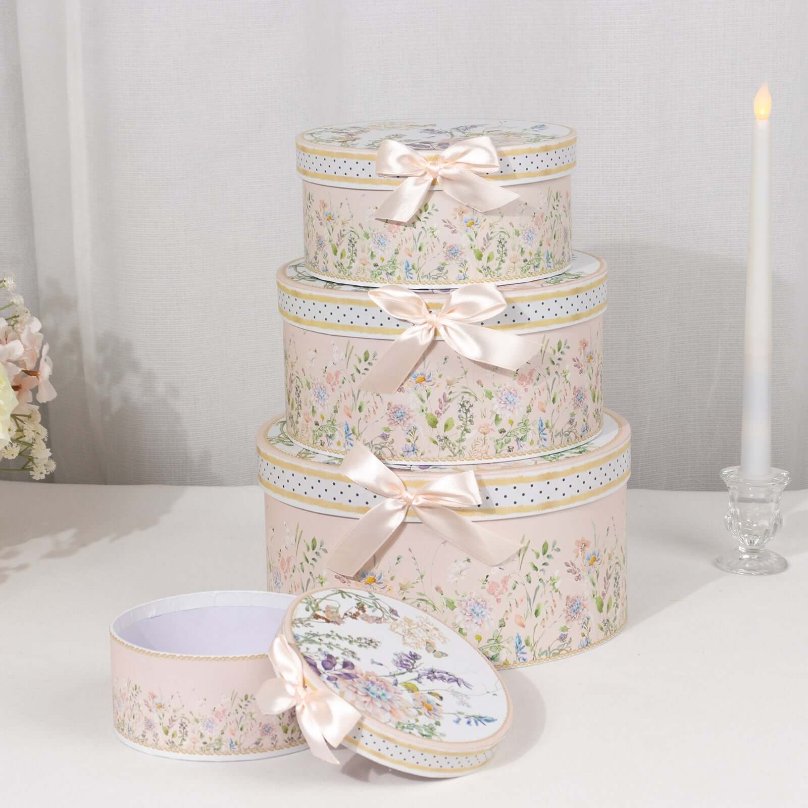 Set of 4 Cardstock Round Nesting Gift Boxes Blush Floral Design - Decorative Heavy Duty Stackable Keepsake Boxes With Lids for Presents Storage & Pedestal Stand 5",7",8",9"