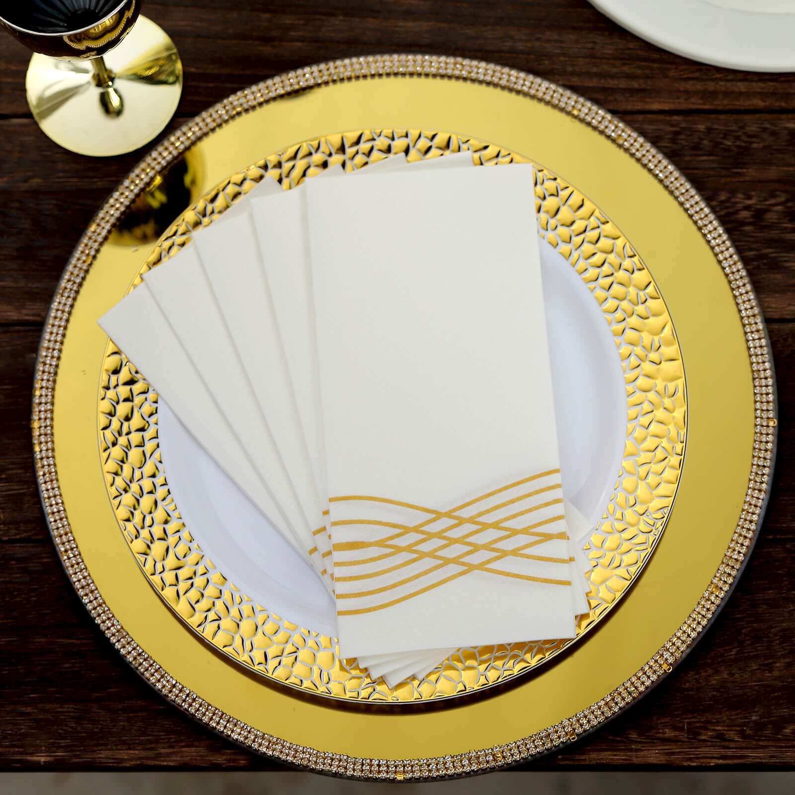 25 Pack Linen-Like Paper 8"x4" Napkins White with Metallic Gold Foil Wave Design - Soft & Absorbent Airlaid Hand Towels for Exquisite Weddings & Events