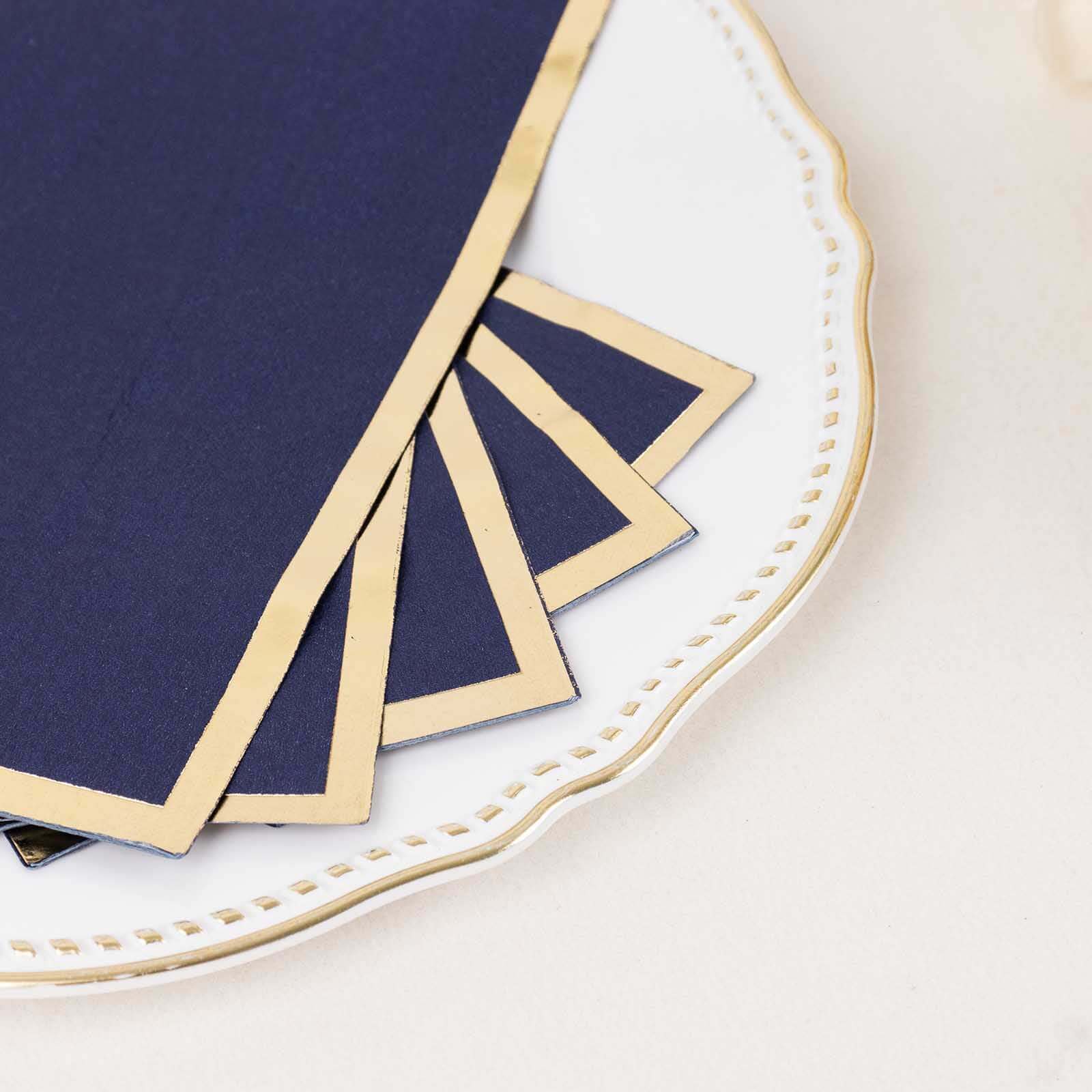 50-Pack Paper Dinner Napkins Navy Blue with Gold Foil Edge 2 Ply - Stylish Disposable Napkins