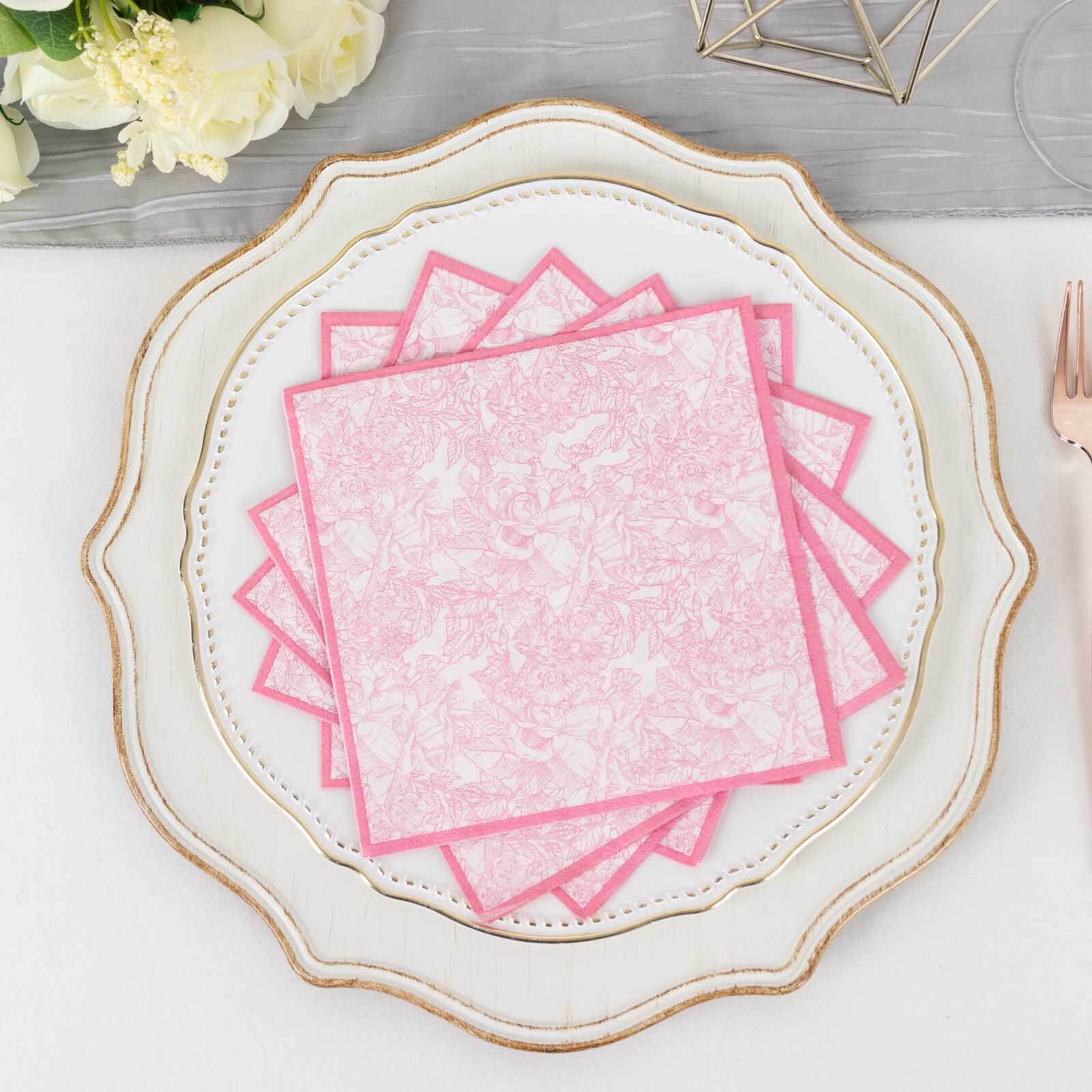 25-Pack Paper Cocktail Napkins with French Toile Print White/Pink - Highly Absorbent 2 Ply Disposable Napkins 6.25"x6.25"
