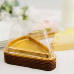 50-Pack Plastic Cake Slice Favor Containers Gold/Clear - Chic Individual Cheesecake Pie Party Favor Boxes with Lid for Events & Catering 6"x4.5"x2.5"