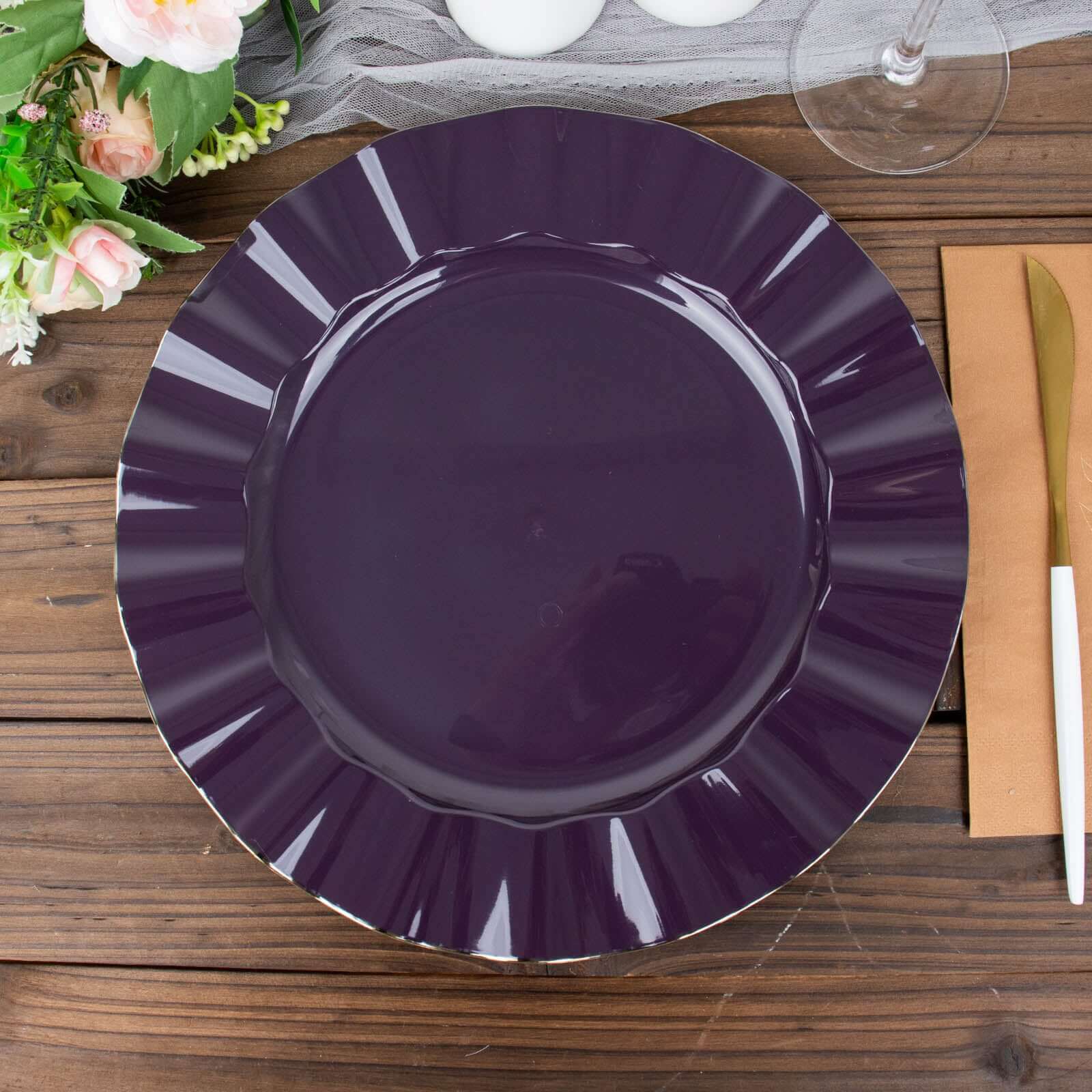 10-Pack Plastic 11" Round Dinner Plates in Purple Ruffled Rim with Gold Edging - Sturdy Disposable Dinnerware