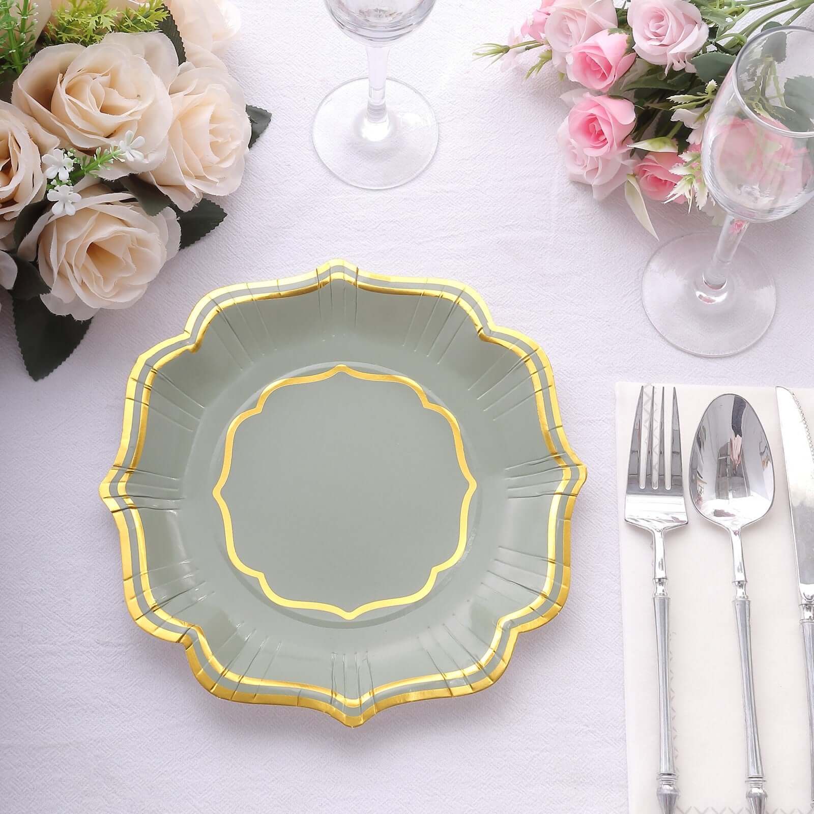 25-Pack Paper Dessert Plates in Sage Green with Gold Scallop Rim - Disposable 300GSM Appetizer Salad Plates 8"