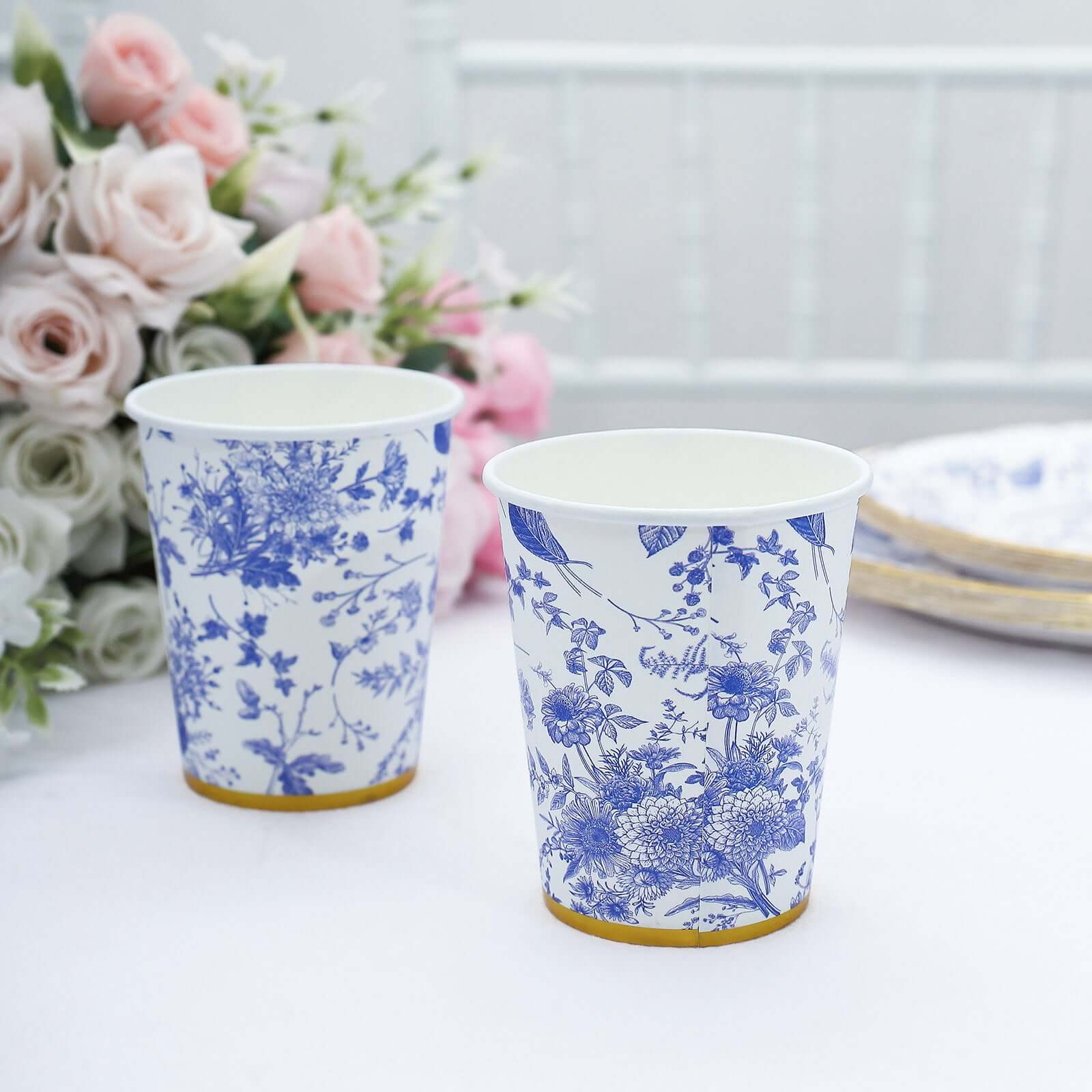 24 Pack Disposable Paper Cups in White Royal Blue French Toile Pattern with Gold Rim, Elegant Party Cups - 9oz