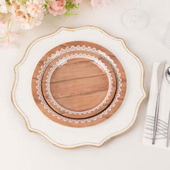25-Pack Paper 9" Round Dinner Plates in Brown Wood Grain Print with White Floral Lace Rim - Disposable Party Plates for Rustic Farmhouse Style Events
