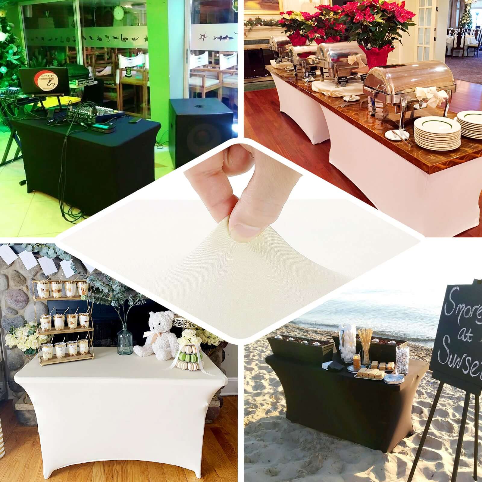 Stretch Spandex 48"x30" Rectangle Tablecloth Beige - Durable Form-Fitting Table Cover