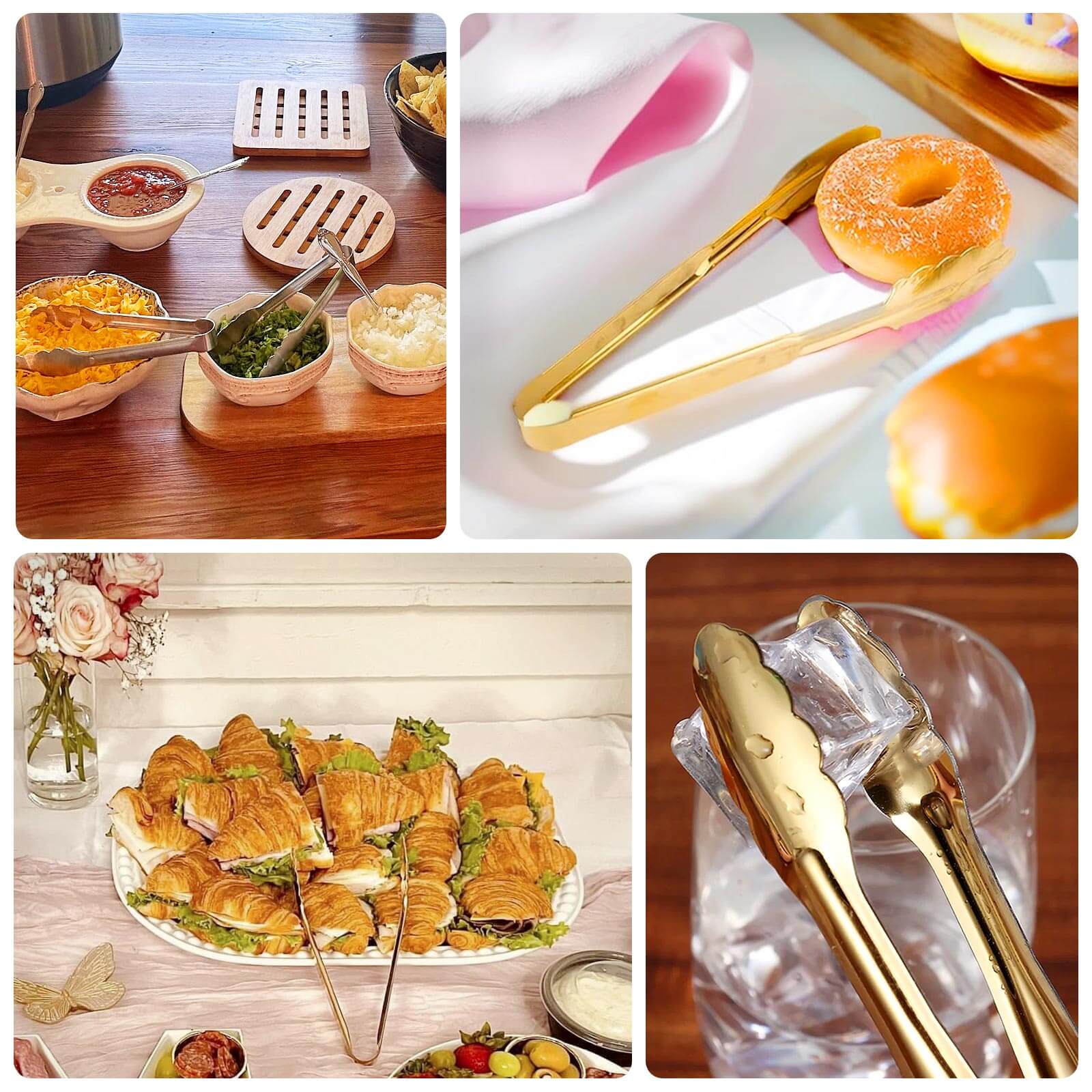 10-Pack Metal Serving Tongs Silver - Stainless Steel Food Safe Kitchen Tongs with Scalloped Gripping Edge for Indoor & Outdoor Gatherings 9.5"