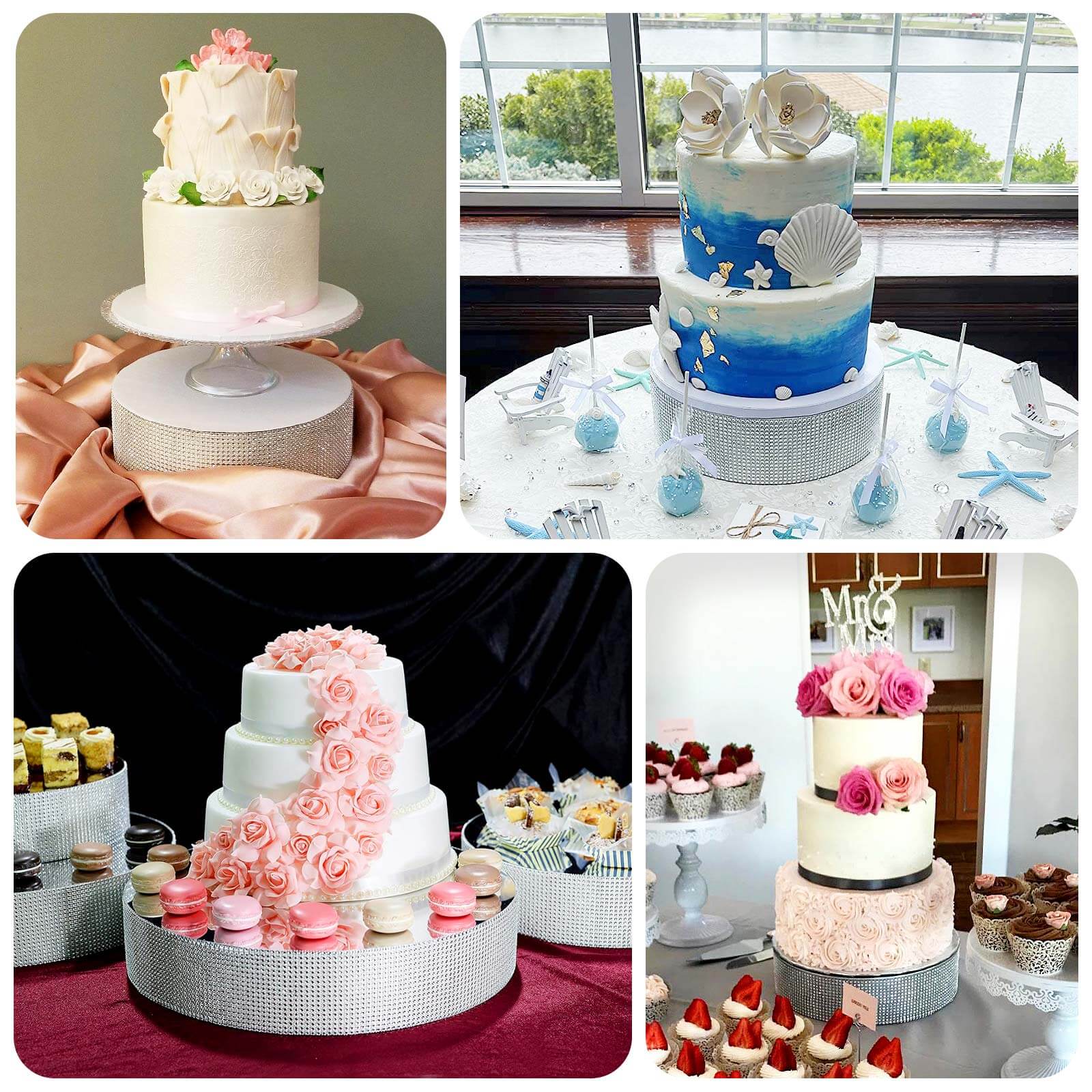 Metal Pedestal Cake Stand Round Design with Rhinestones Silver - Cupcake Holder and Dessert Table Centerpiece 16"