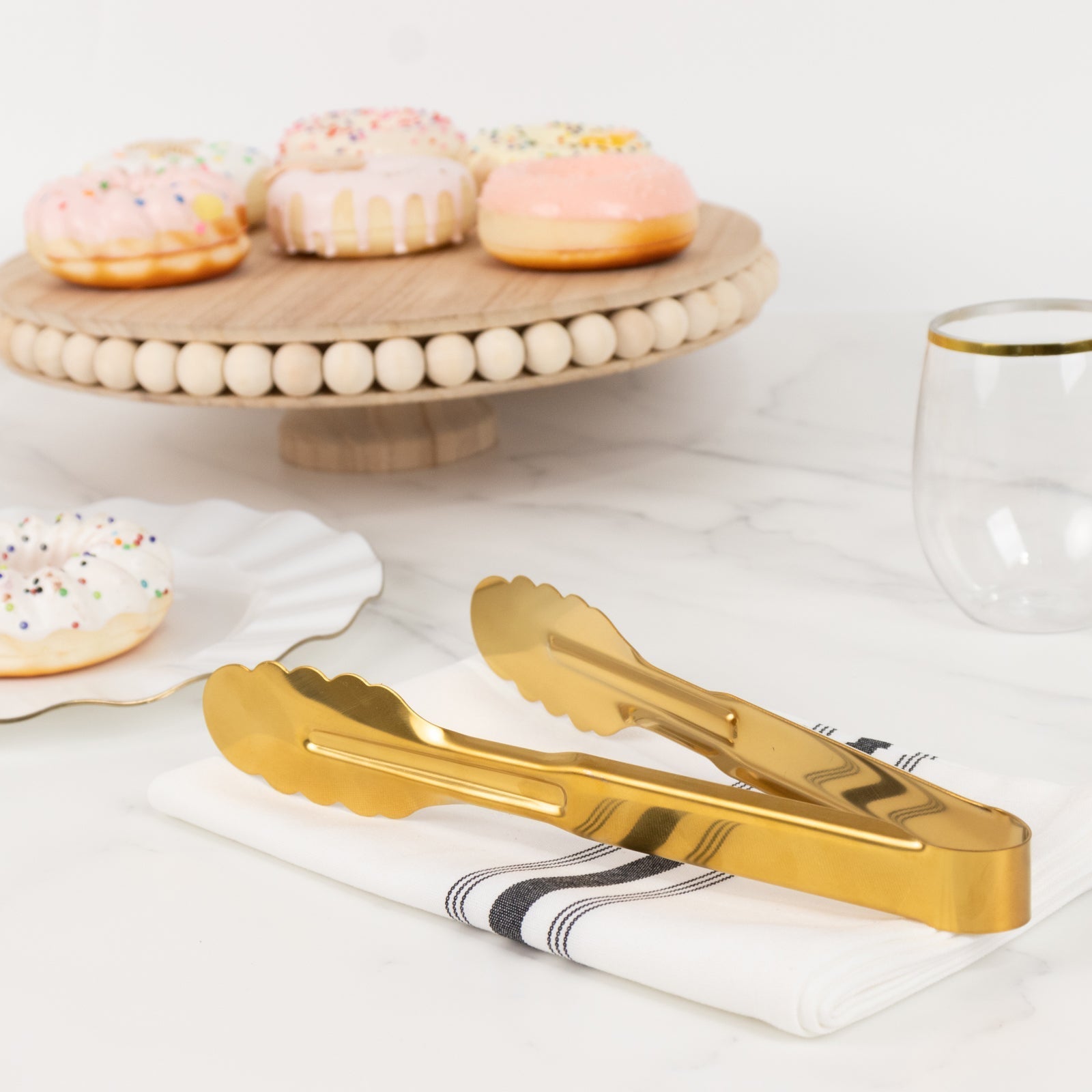 10-Pack Metal Serving Tongs Gold - Stainless Steel Food Safe Kitchen Tongs with Scalloped Gripping Edge for Indoor & Outdoor Gatherings 9.5"