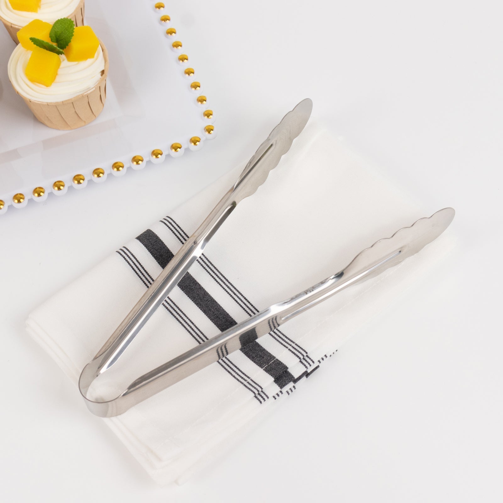 10-Pack Metal Serving Tongs Silver - Stainless Steel Food Safe Kitchen Tongs with Scalloped Gripping Edge for Indoor & Outdoor Gatherings 9.5"