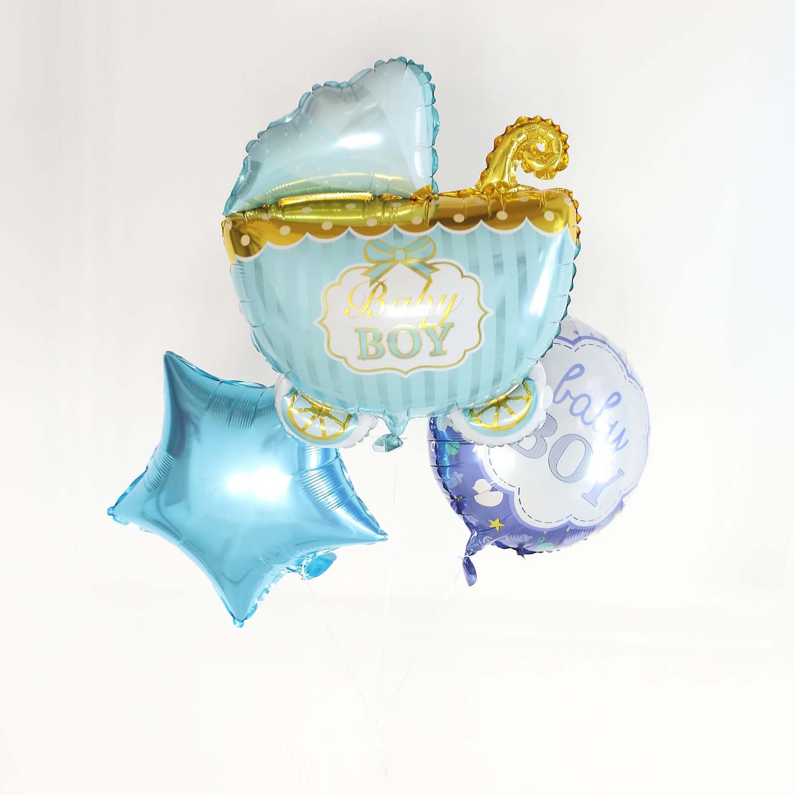 Set of 5 Blue White Boy Baby Shower Mylar Foil Balloon Set, Star, Round and Baby Carriage Balloon Bouquet With Ribbon, Gender Reveal Party Decorations