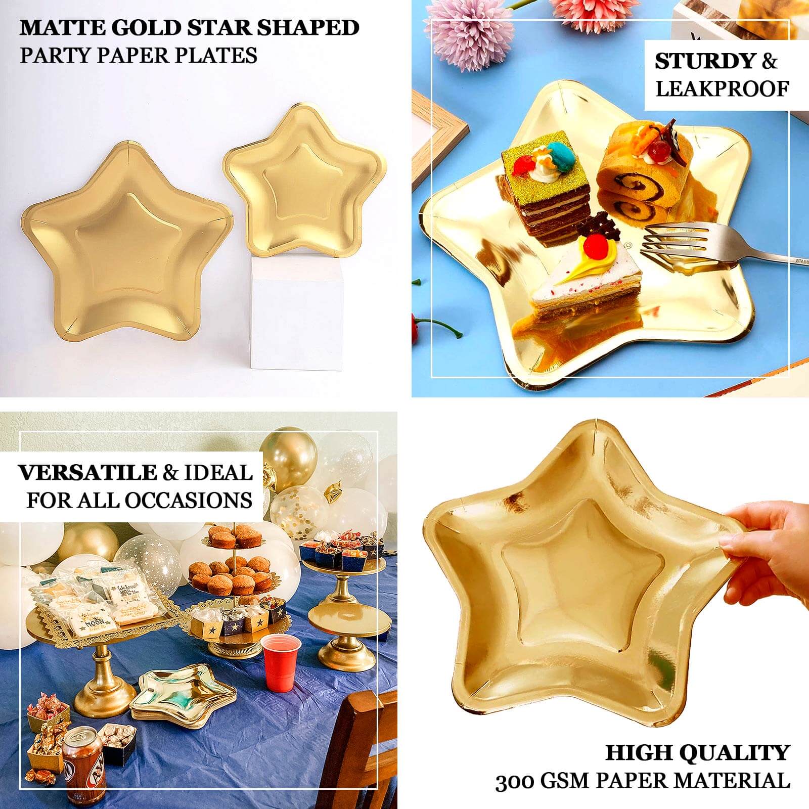 25-Pack Paper Star Shaped Dessert Plates in Matte Gold - Eco-friendly Disposable 300GSM Salad Appetizer Plates for Festive Occasions 7"