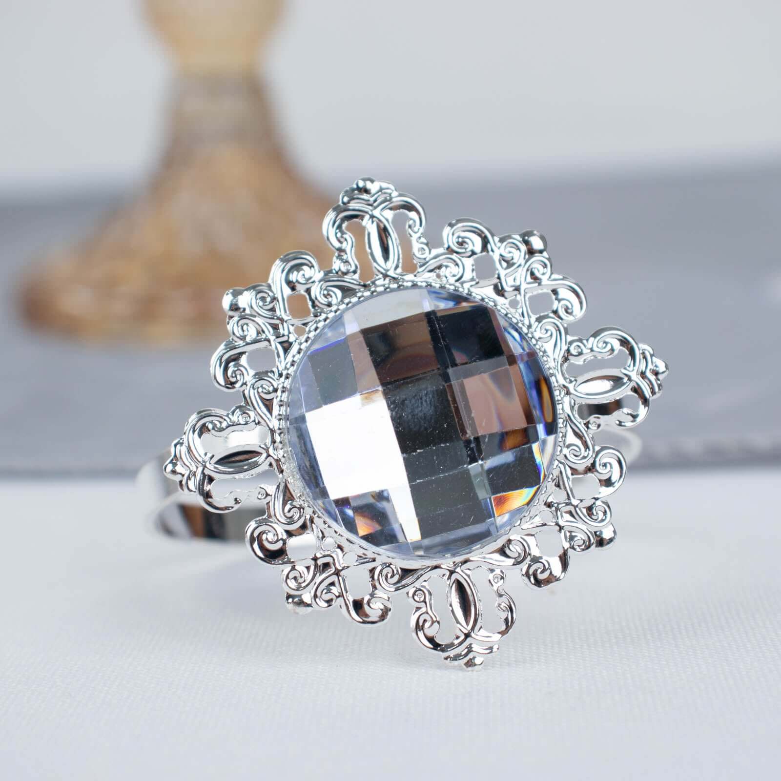 6 Pack 2" Silver Metal Clear Crystal Rhinestone Napkin Rings, Diamond Bling Napkin Holders