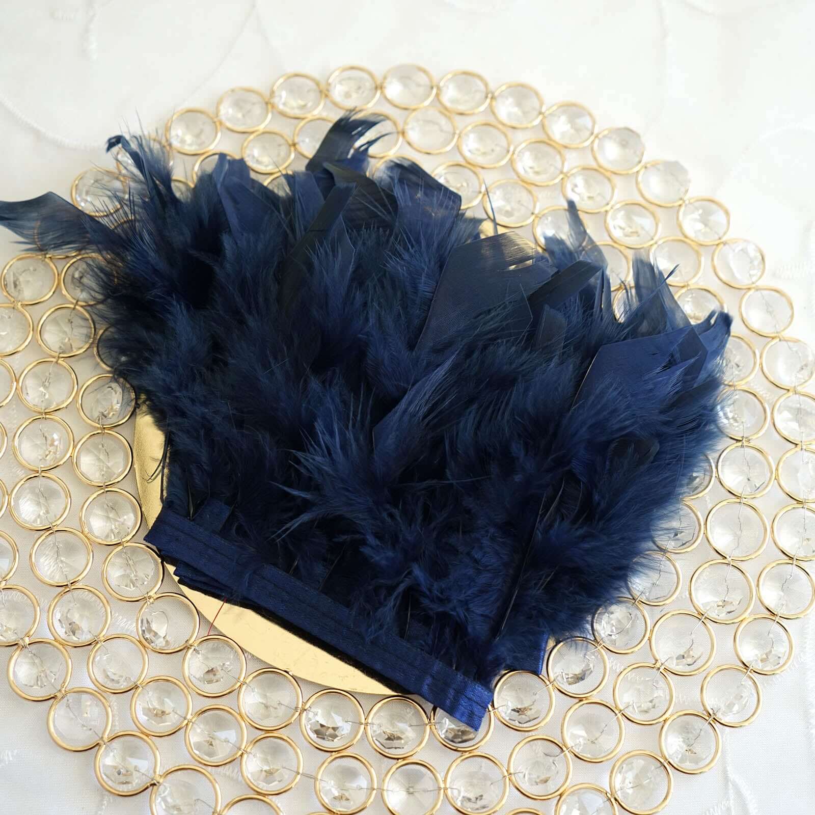 39" Navy Blue Real Turkey Feather Fringe Trim With Satin Ribbon Tape