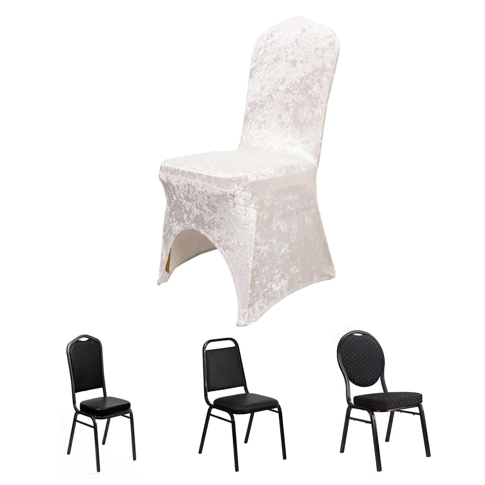 Crushed Velvet Spandex Banquet Chair Cover Fitted Slipcover White - Stretch 190GSM Slipcover with Foot Pockets for Weddings & Events
