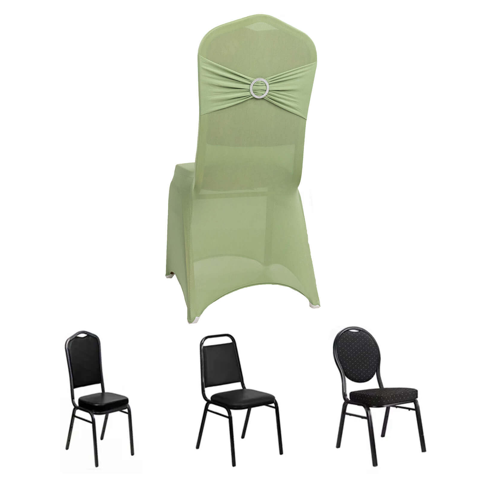 Spandex Chair Cover with Silver Rhinestone Buckled Sash Band Sage Green - Stretch Fitted Slipcover