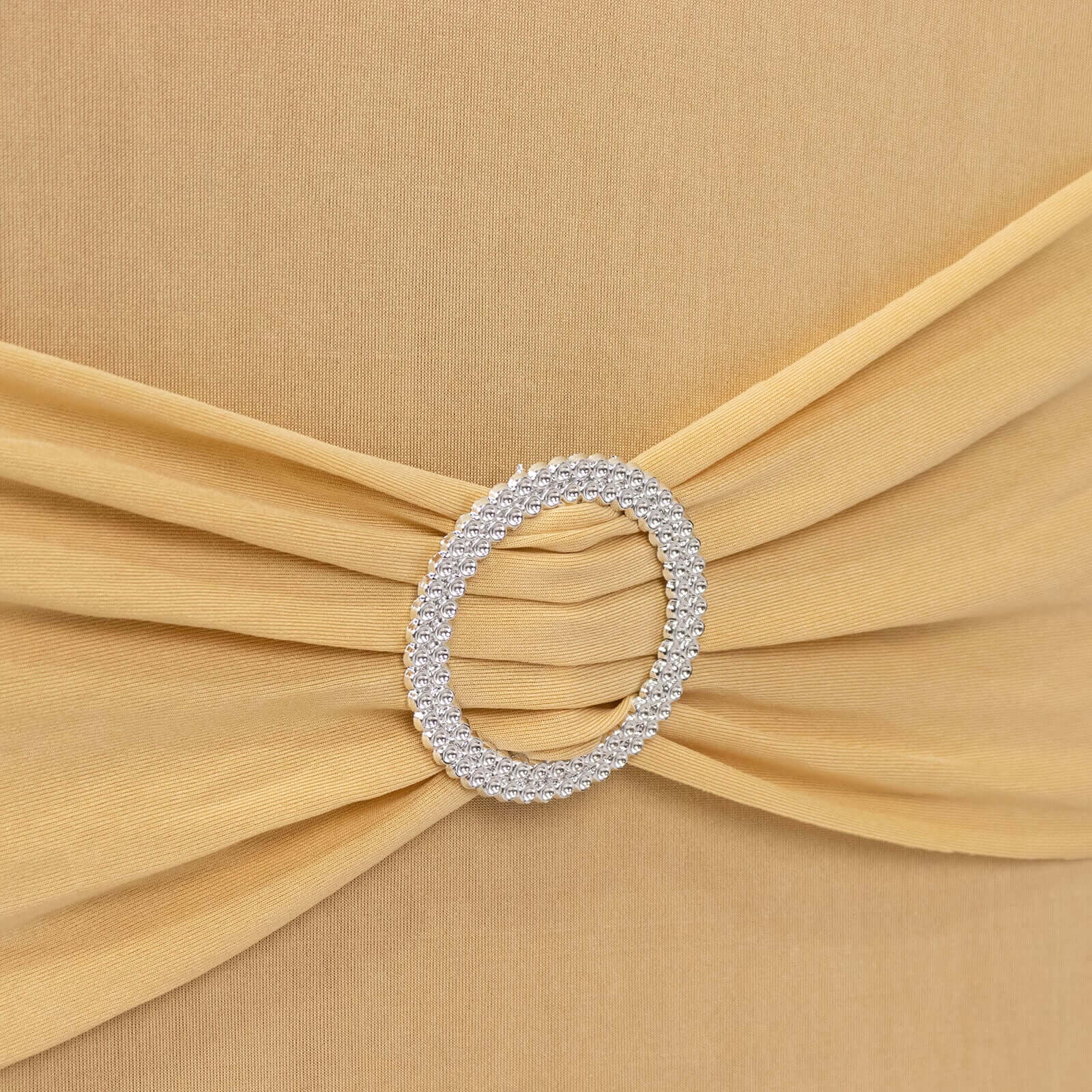 Spandex Chair Cover with Silver Rhinestone Buckled Sash Band Champagne - Stretch Fitted Slipcover