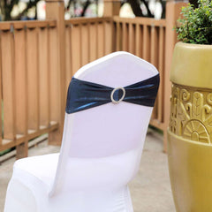 5 Pack Metallic Spandex Chair Sashes Navy Blue - Stretch Fit Chair Bands With Round Diamond Buckles