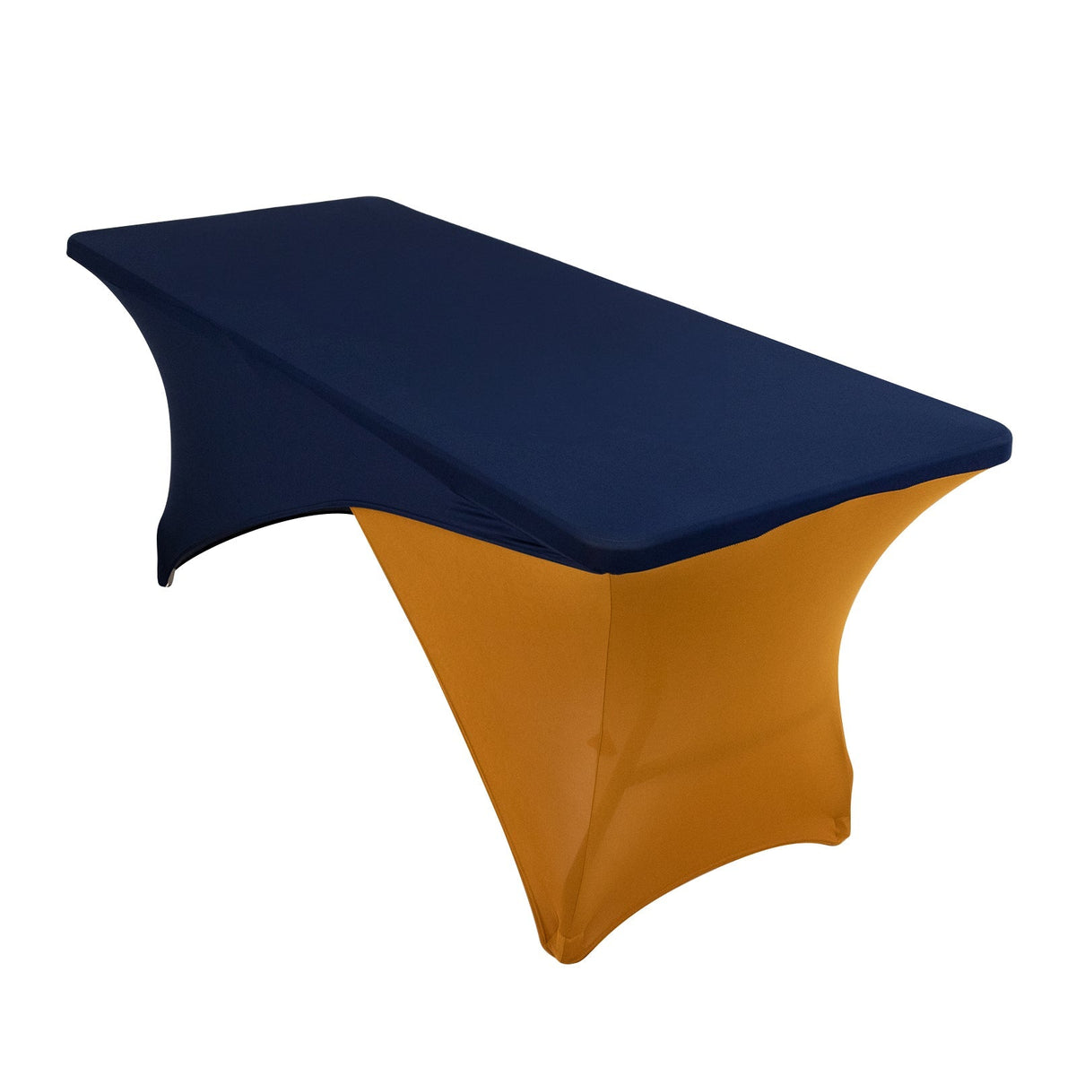 Stretch Spandex 72"x30" Rectangle Table Cover Navy Blue/Gold Cross Over Design - Two-Piece Fitted Tablecloth with Elastic Foot Pockets