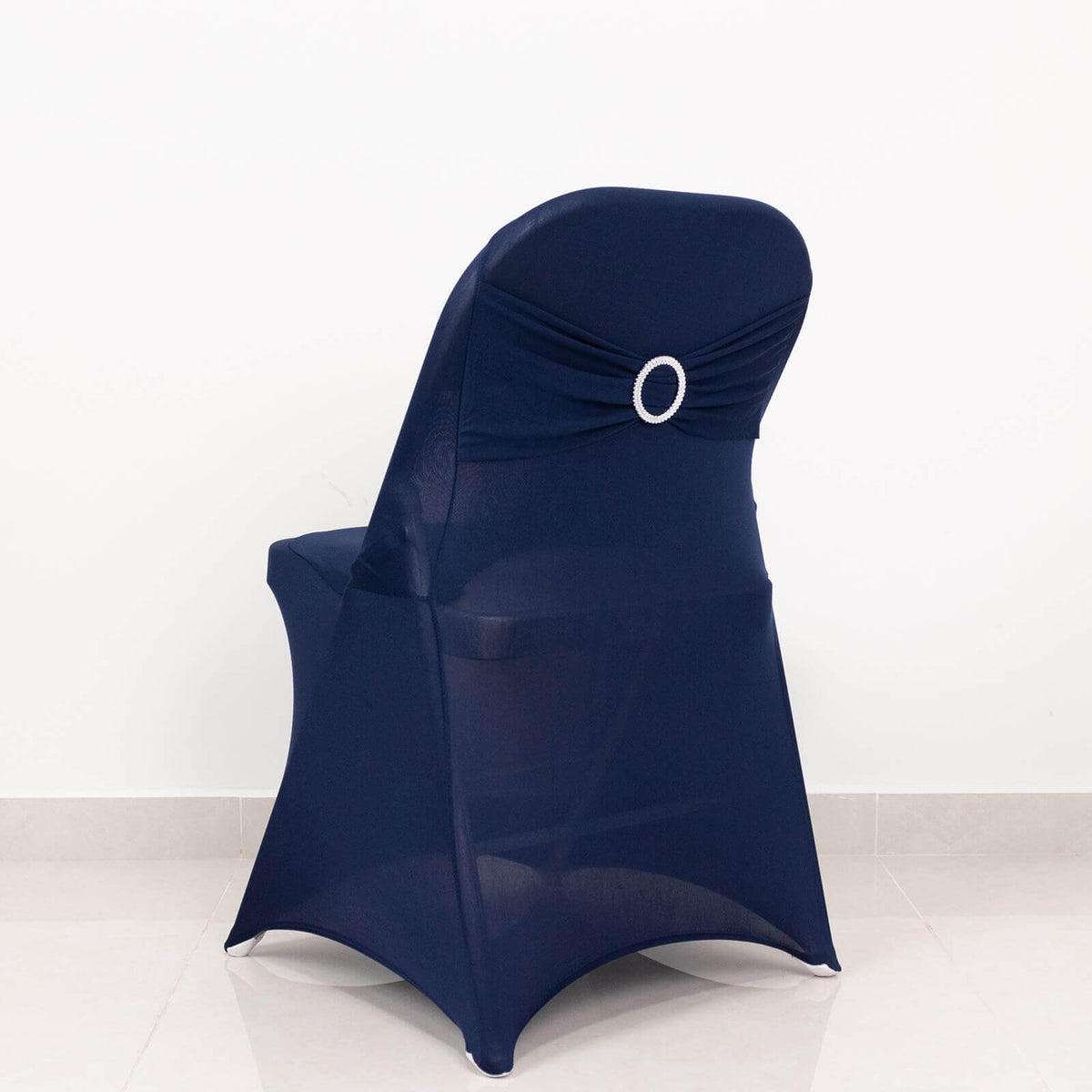 Stretch Spandex Chair Cover Navy Blue for Folding Chairs - Secure Fit Slipcover with Silver Rhinestone Buckled Sash Band