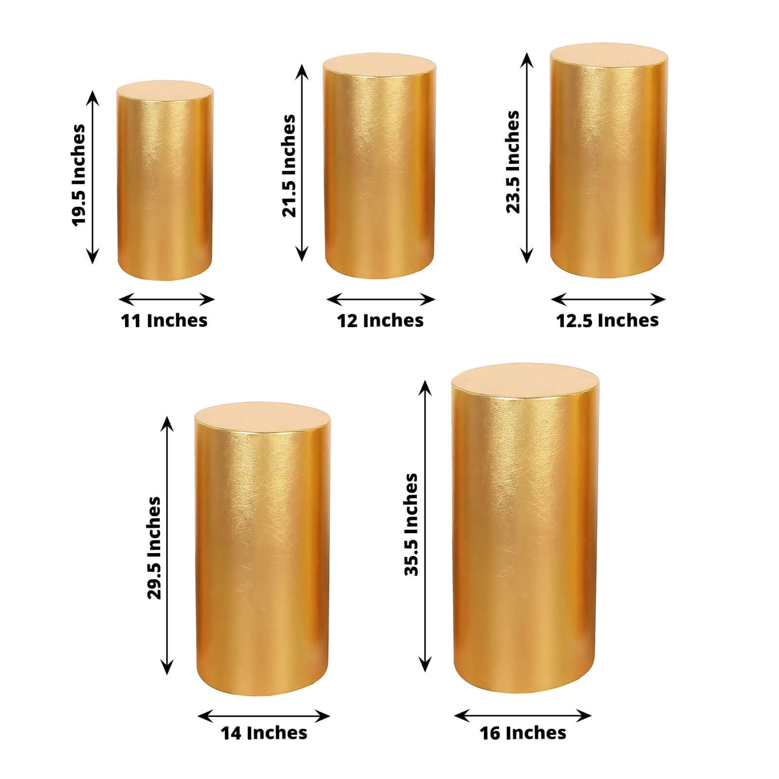 Set of 5 Metallic Gold Spandex Cylinder Pedestal Stand Covers, Shiny Stretchable Pillar Prop Covers - 130 GSM