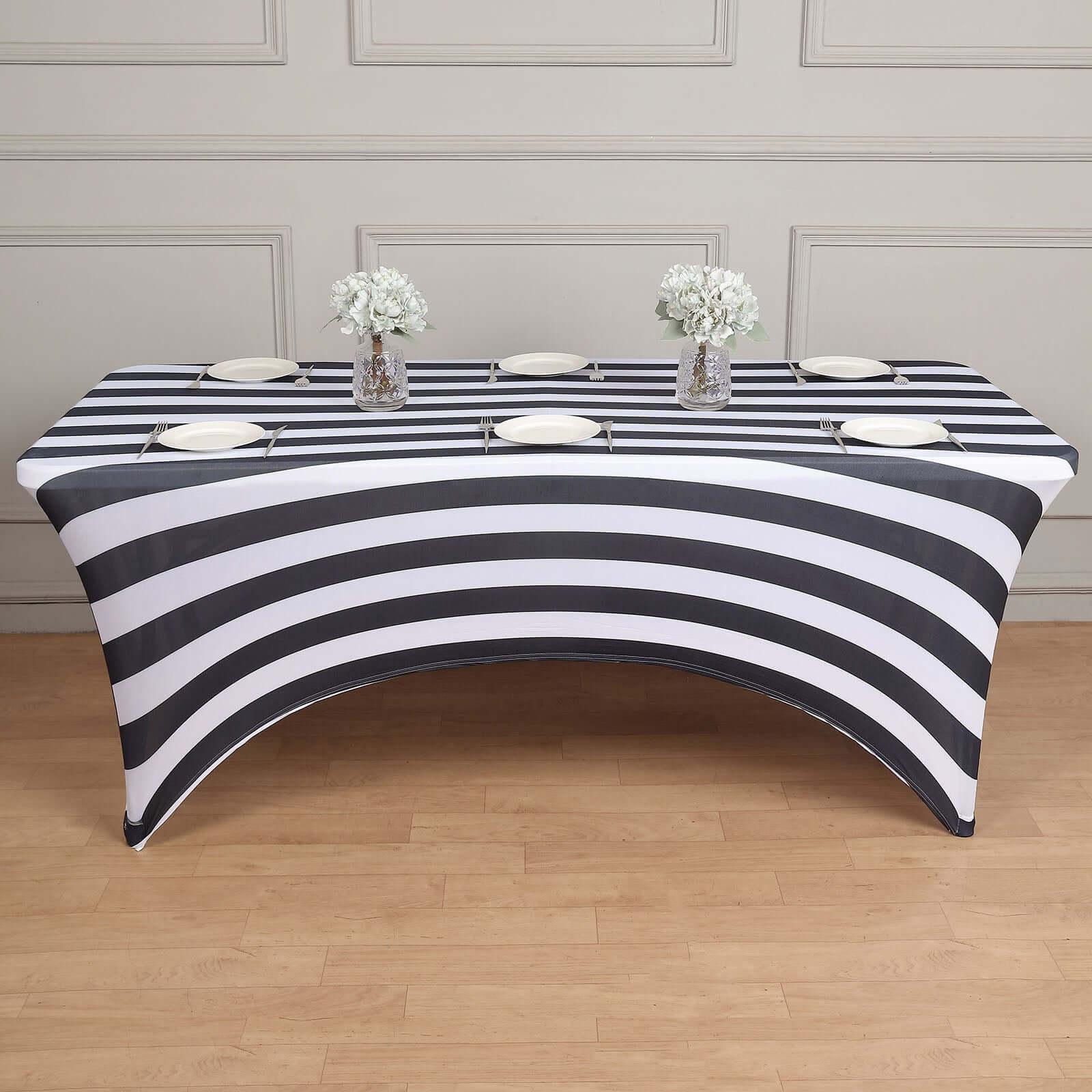 Stretch Spandex 72"x30" Rectangle Tablecloth Black/White Vertical Stripes - Durable Form-Fitting Table Cover for Events & Presentations