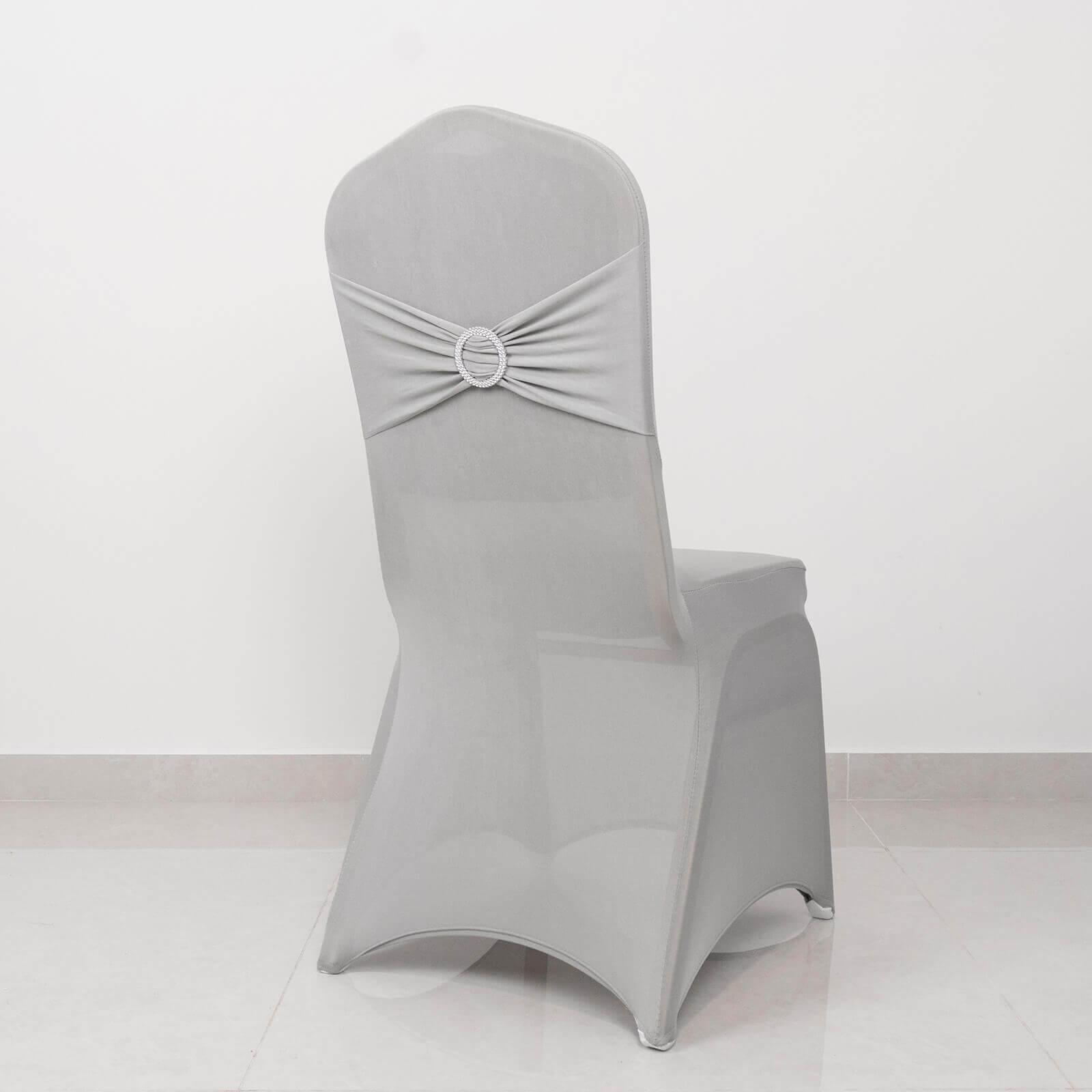 Spandex Chair Cover with Rhinestone Buckled Sash Band Silver - Stretch Fitted Slipcover