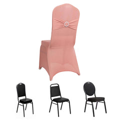 Spandex Chair Cover with Silver Rhinestone Buckled Sash Band Dusty Rose - Stretch Fitted Slipcover
