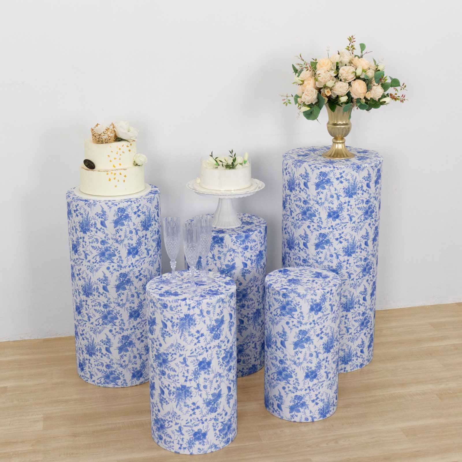 Set of 5 White Blue Spandex Cylinder Pedestal Stand Covers in French Toile Floral Pattern, Stretchable Pillar Prop Covers - 160 GSM