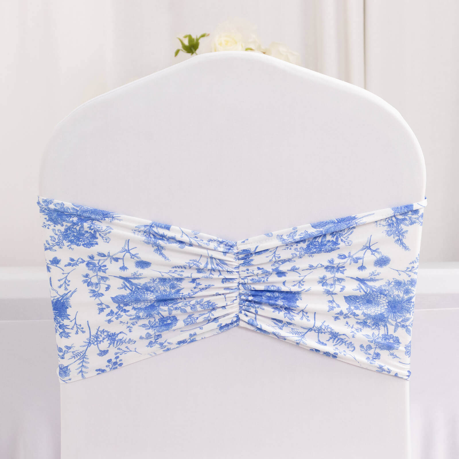 5 Pack Spandex Chair Sashes White/Blue French Toile Floral Pattern - Vintage-Inspired Wide Wrinkle-Free Stretchable Chair Bands 8"x13"