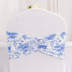 5 Pack Spandex Chair Sashes White/Blue French Toile Floral Pattern - Vintage-Inspired Wide Wrinkle-Free Stretchable Chair Bands 8"x13"