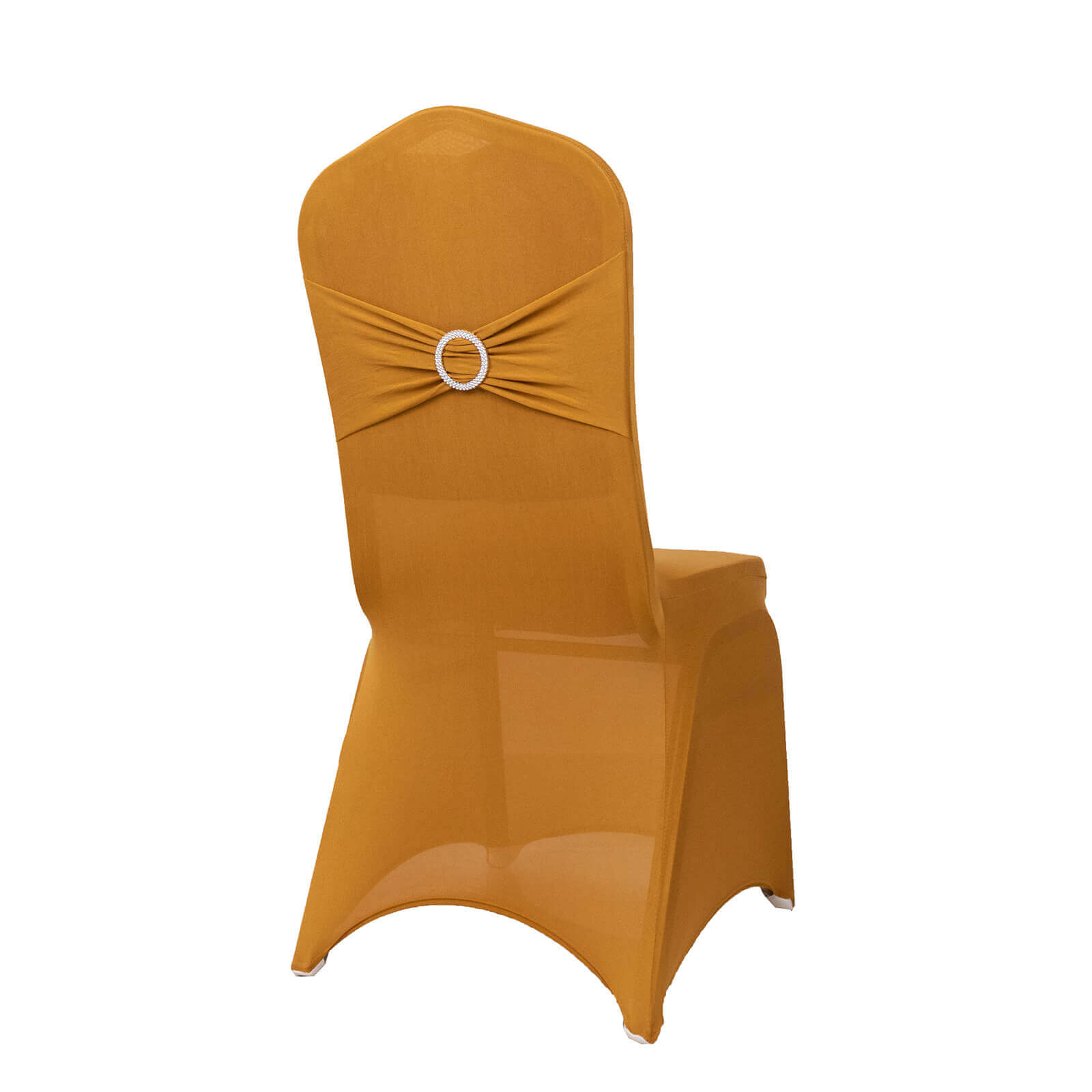 Spandex Chair Cover with Silver Rhinestone Buckled Sash Band Gold - Stylish Stretch Fitted Slipcover for Banquets & Events