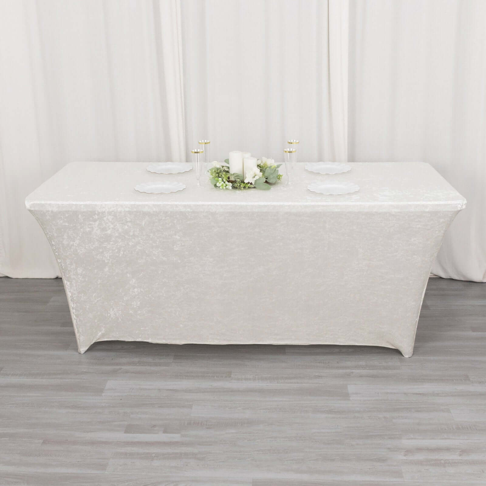 Crushed Velvet Fitted Rectangular 6ft Table Cover White - Wrinkle-Free Stretchy Tablecloth for Weddings and Banquets